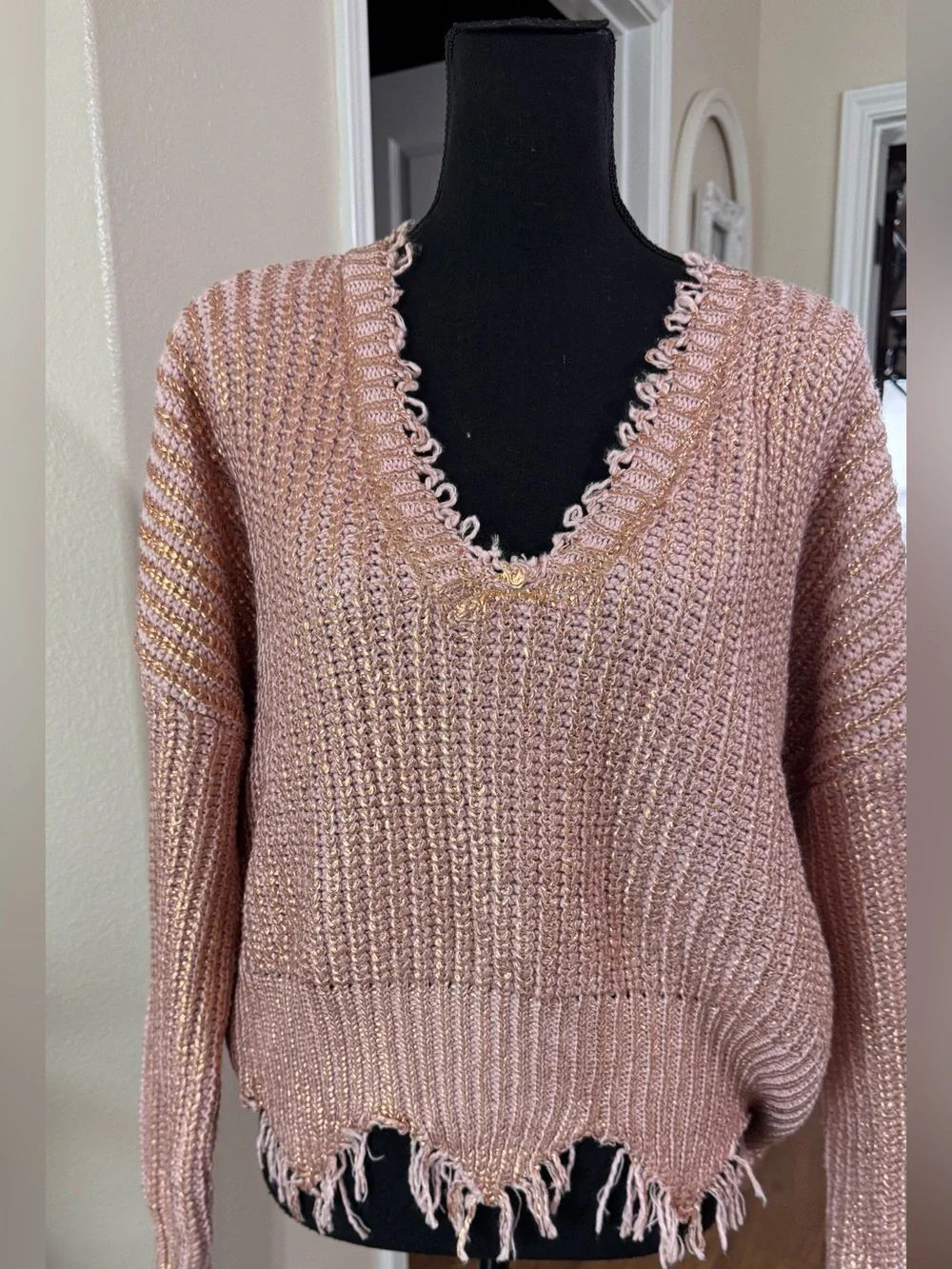Elan Rose Pink Metallic Distressed Sweater